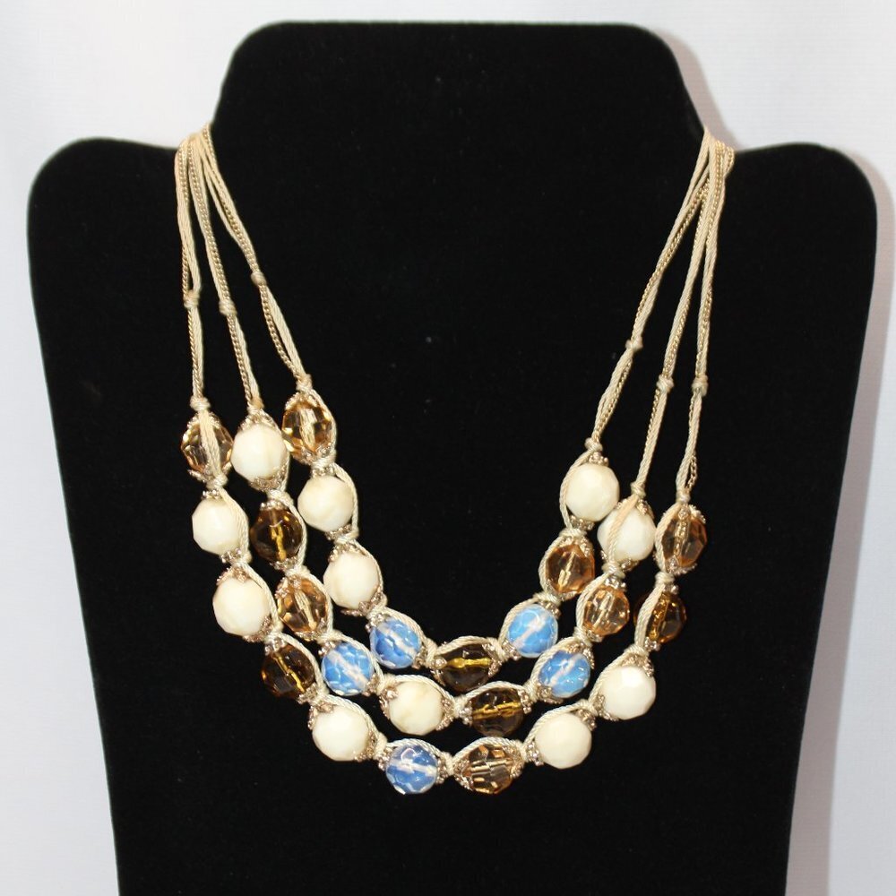 LC Lauren Conrad Tri-Strand Aqua Moon Milky Amber White Glass Bead Necklace
